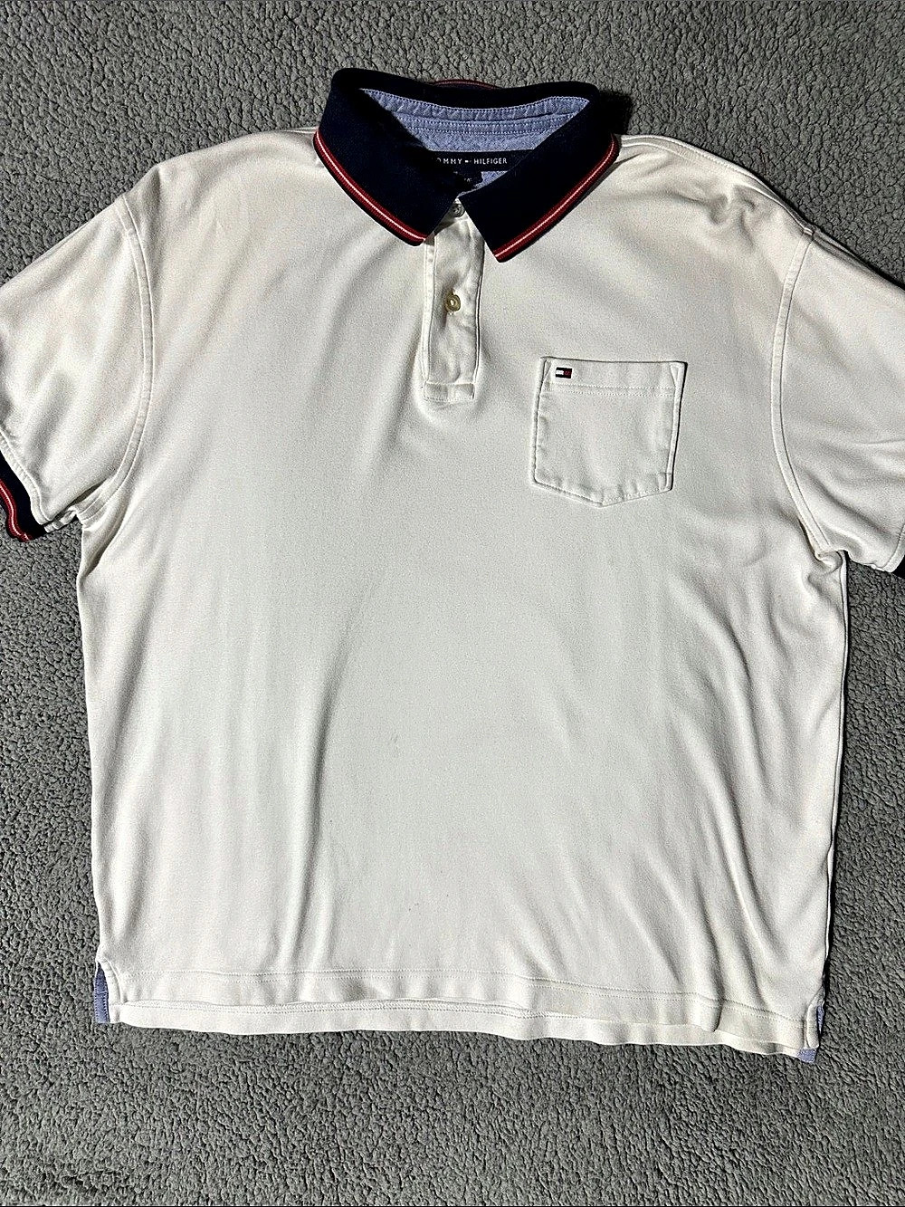 Tommy Hilfiger Men’s Large White Classic Fit Pocket Polo Shirt Red Navy Trim